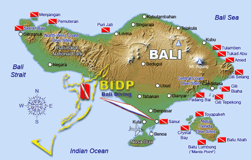 Карта мест для дайвинга на Бали